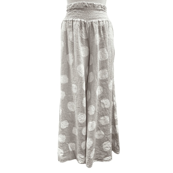 BELLA‎ AMORE Italy Linen Polka Dot White Tan PALAZZO PANTS S M Wide Leg Smocked - Picture 1 of 5